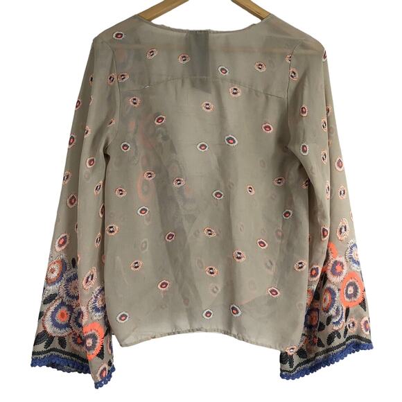 Moon Collection Blouse Sz S Tan Sheer Embroidered Colorful Floral Boho Festival - Picture 3 of 7